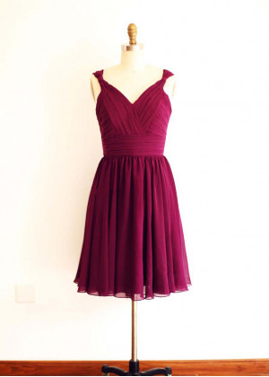 Plum Purple Pleated Chiffon Short Bridesmaid Dress
